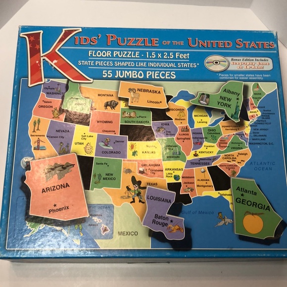 Jumbo Kid’s Puzzle of the United States Flood Puzzle 55 State Shaped Pieces - Picture 1 of 4